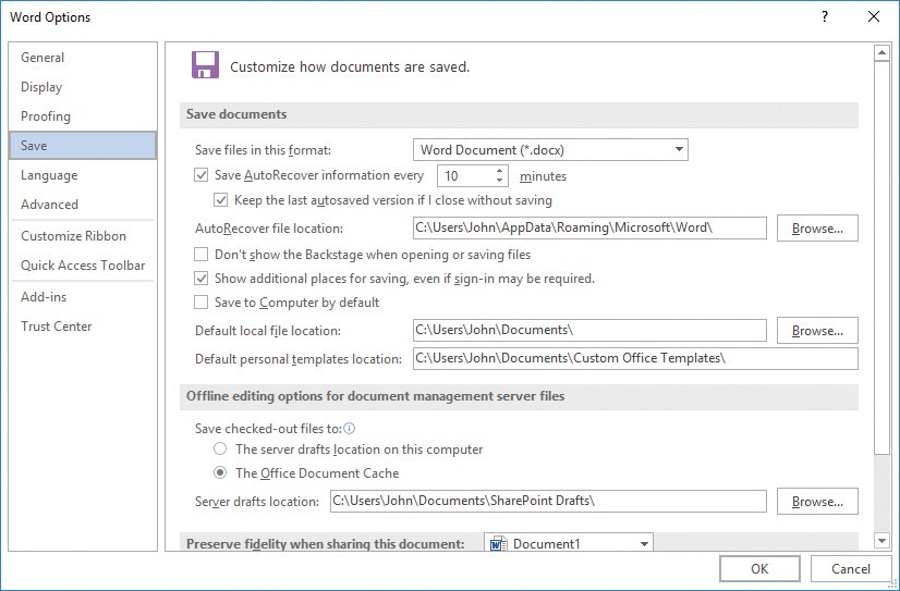 Screenshot of the Save page of the Word Options dialog box.