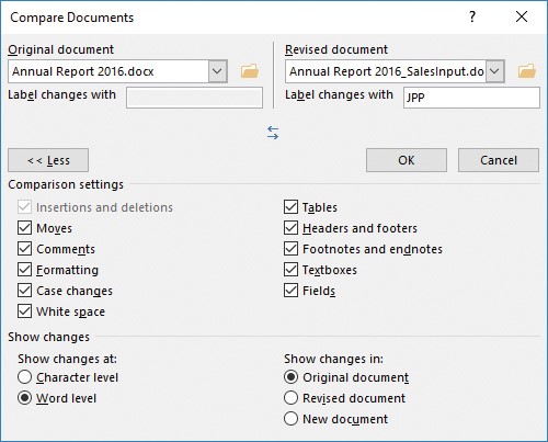 Screenshot of the Compare Documents dialog box.