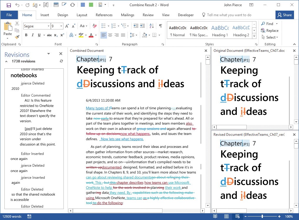 Screenshot of a combined document, with the Revisions pane open on the left and the original and revised documents displayed on the right.