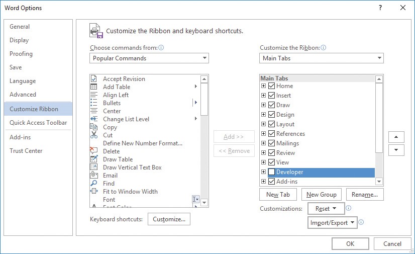 Screenshot of the Customize Ribbon page of the Word Options dialog box.