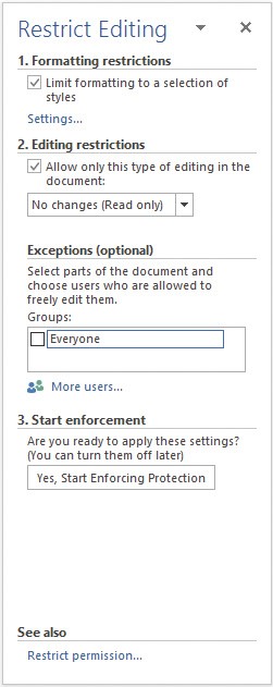 Screenshot of the Restrict Editing pane. The options to restrict editing and restrict formatting are selected.