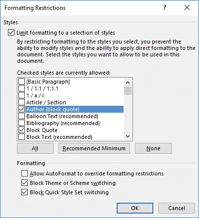 Screenshot of the Formatting Restrictions dialog box.