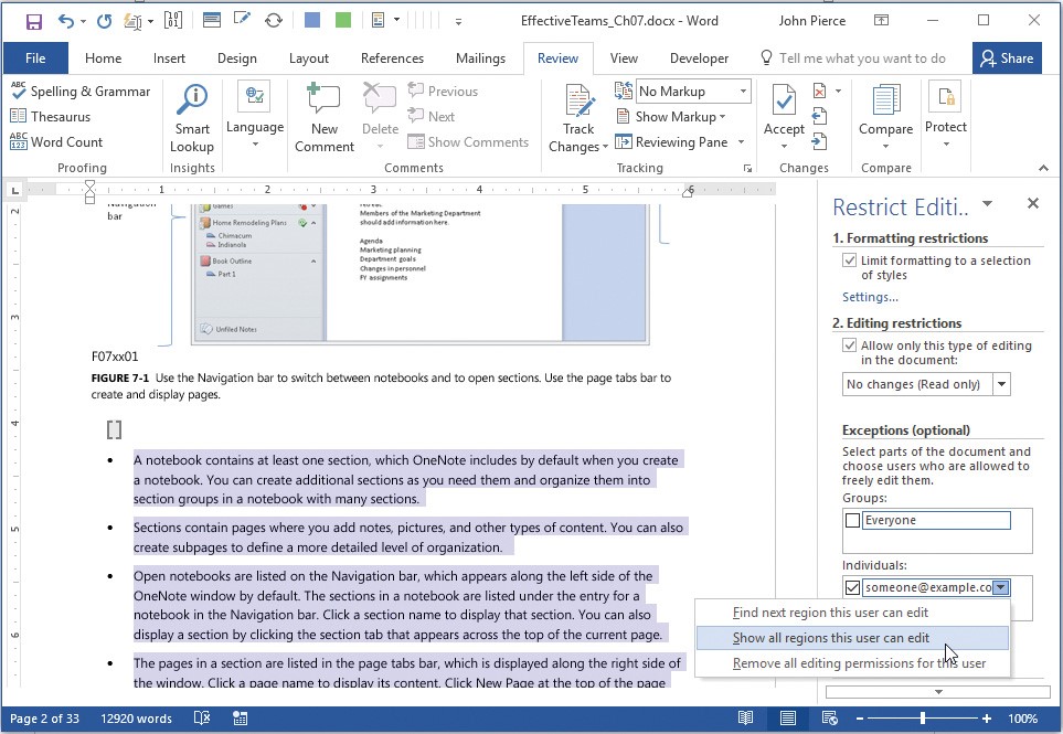 Screenshot of the Restrict Editing pane showing options for locating and showing sections of a document a user can edit.