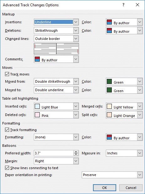 Screenshot of the Advanced Track Changes Options dialog box.