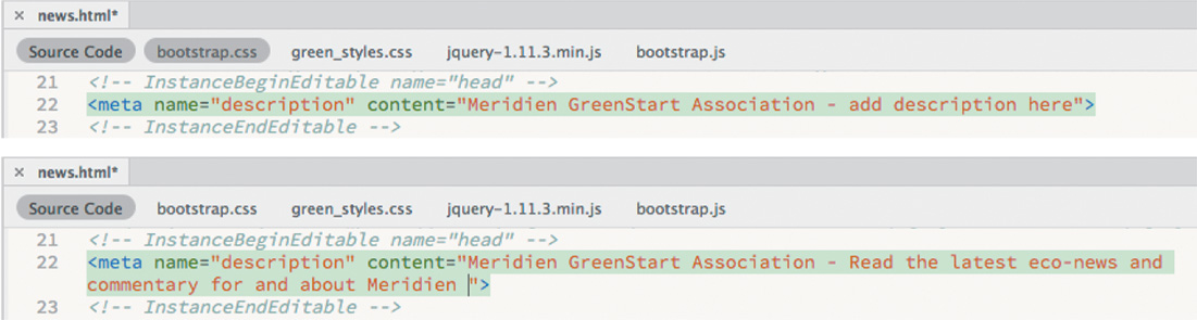 Ένα σύνολο από δύο στιγμιότυπα οθόνης εμφανίζει τους κώδικες HTML για την εισαγωγή κειμένου.
