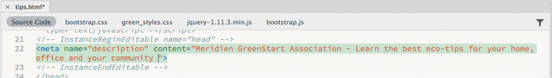 Ένα screenshot δείχνει τους κώδικες HTML ως εξής: 21 <! - InstanceBeginEditable name = "head" -> 22 <meta name = "description" content = "Meridien GreenStart Association - Μάθετε τις καλύτερες οικολογικές συμβουλές για το σπίτι, την κοινότητά σας "> 23 <! - InstanceEndEditabte ->