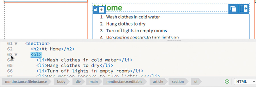Ένα στιγμιότυπο οθόνης εμφανίζει την επικεφαλίδα "At Home", ακολουθούμενη από μια λίστα με παραγγελίες και τους κώδικες HTML για αυτήν την ταξινομημένη λίστα.