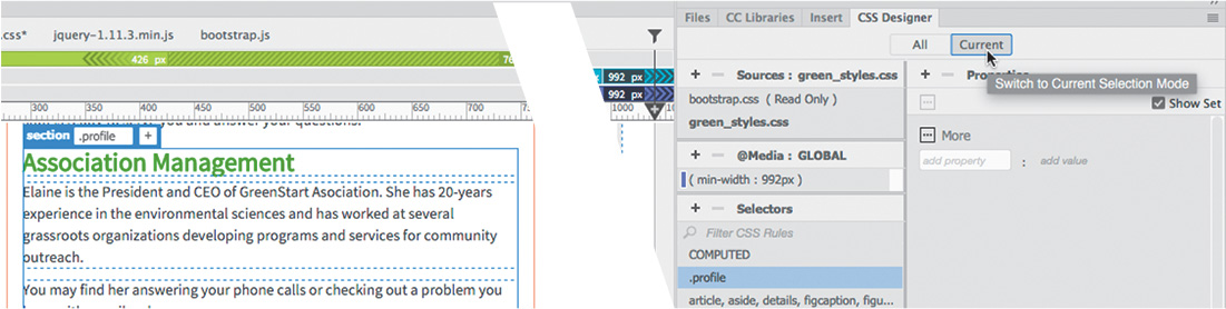 Ένα στιγμιότυπο οθόνης εμφανίζει μια σελίδα με τίτλο και κείμενο και τον πίνακα "CSS Designer".