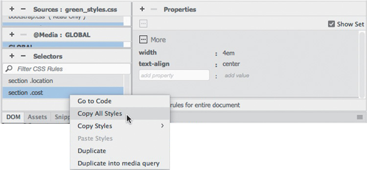 Ένα στιγμιότυπο οθόνης εμφανίζει μέρος του πλαισίου "CSS Designer" με τον κανόνα "section .cost" με δεξί κλικ και "Copy All Styles" που επιλέγεται από το μενού περιβάλλοντος.